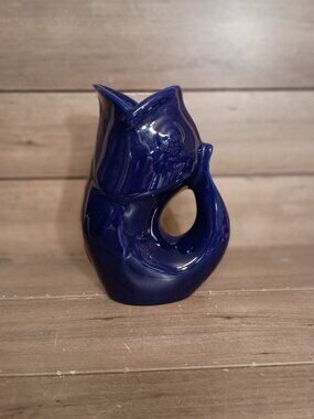 Vintage Gurgle Pot Cobalt Blue Ceramic Fish Pitcher Decorative Vase 2006